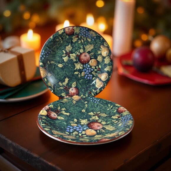 Pair (2) Certified International Susan Winget Holiday Evergreen Fruit & Holly Pl - Picture 8 of 9